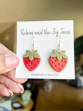 Rubies and the Fig Trees Handmade Strawberry Dangle Earrings - Red & Green